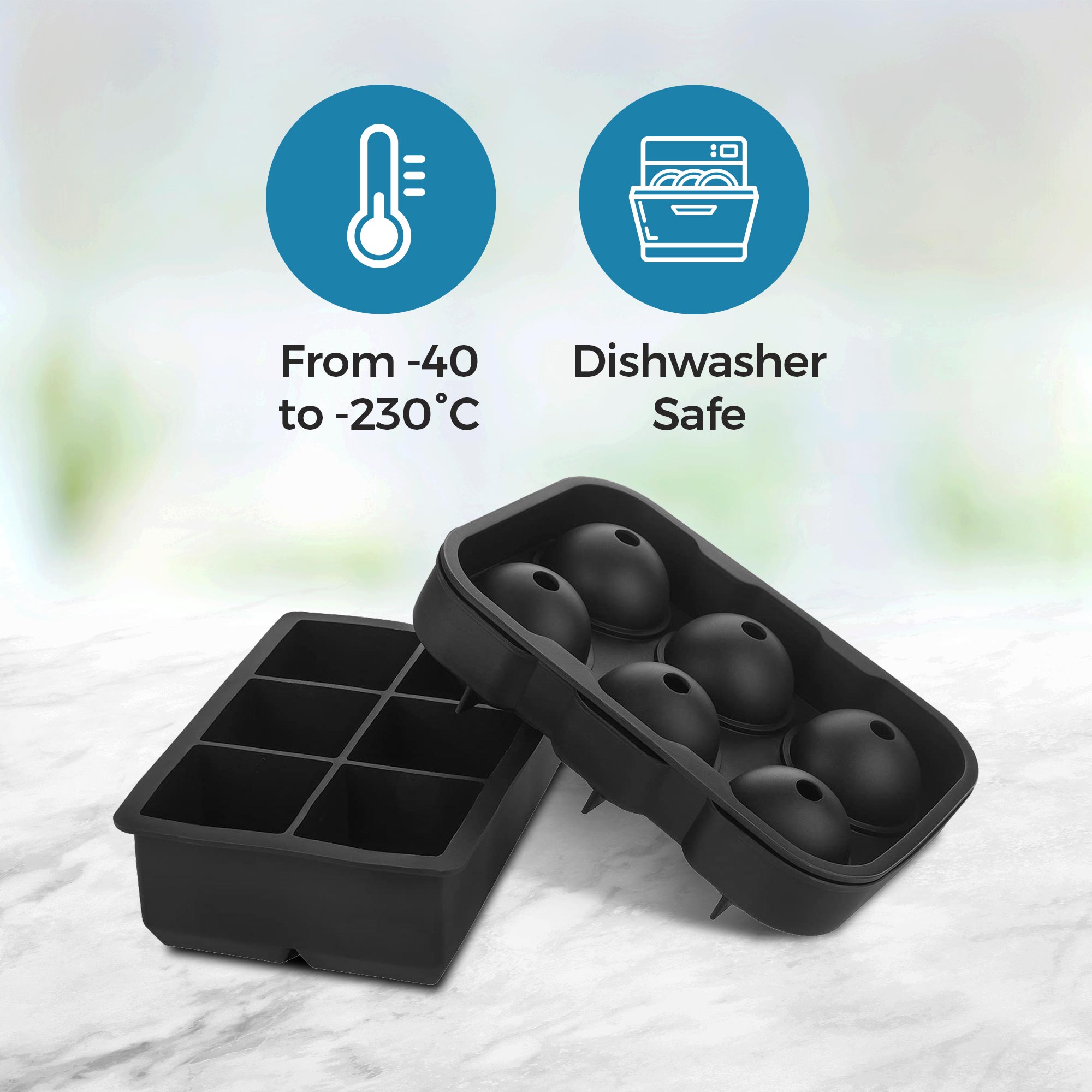 VEVOR Ice Cube Trays (Set of 2) 2-in-1 Combo with Silicone Sphere Ice Ball Maker & Large Square Ice Cube Maker with Lid Reusable Easy Release BPA